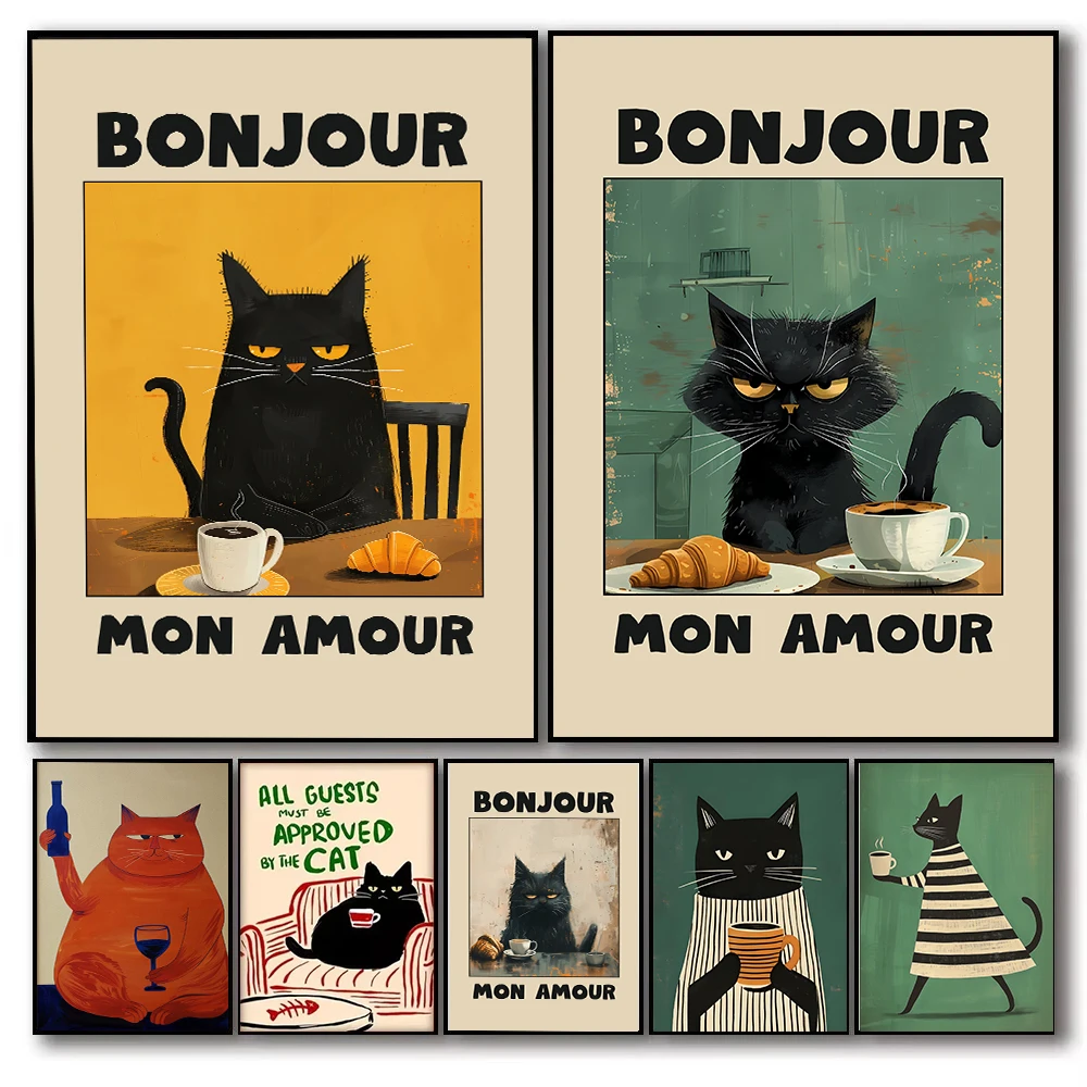 Bonjour Mon Amour Schwarze Katze Kunstdruck auf Leinwand Mid-Century Hund mit Kaffee Wandkunst Poster für Moderne Wohnzimmer Heimdekoration G