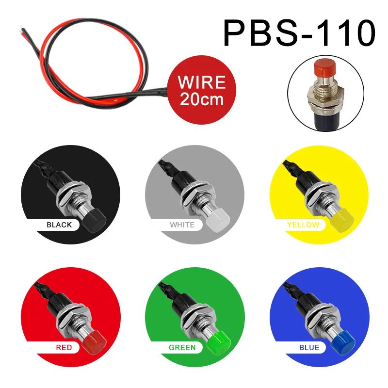 PBS-110 Round Push Button 1A 250V 2Pins SPST 6 Colors Normal Open 7mm Mini Momentary Push Button Switch with Pre-soldered Wires