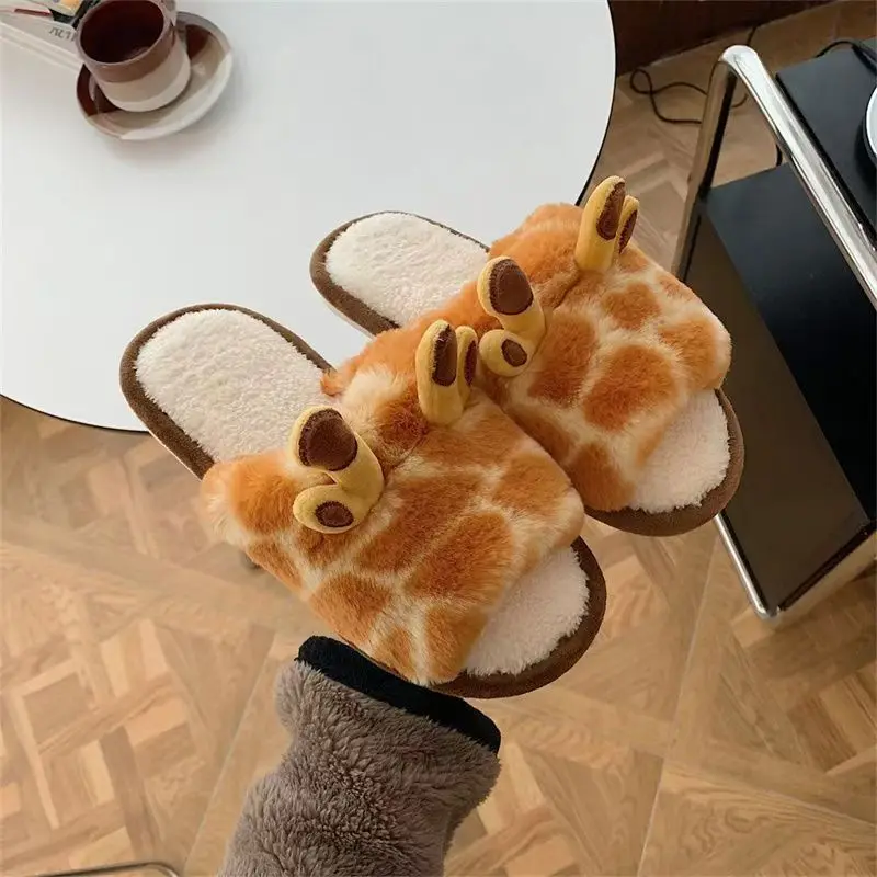 Giraffe Cartoon Kawaii Cute Women Slippers Winter Home Non-Slip Warm Fluffy Slipper For  Student Warm Shoes