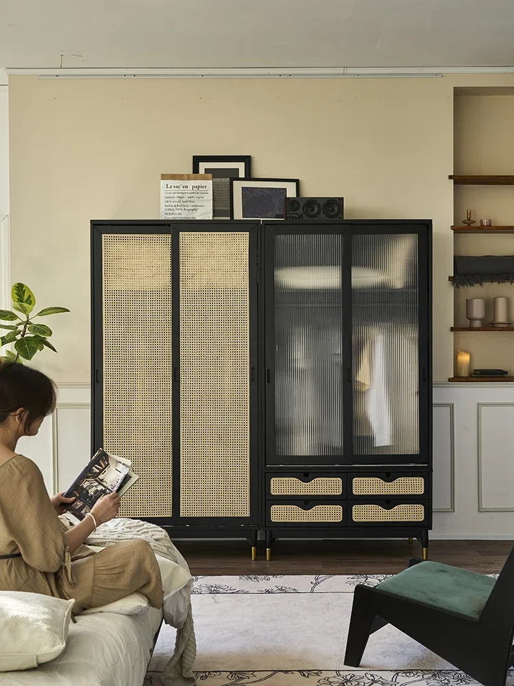 مجموعة خزانة ملابس من الخيزران الفرنسي القديم، وخزانة باب منزلية صغيرة #2