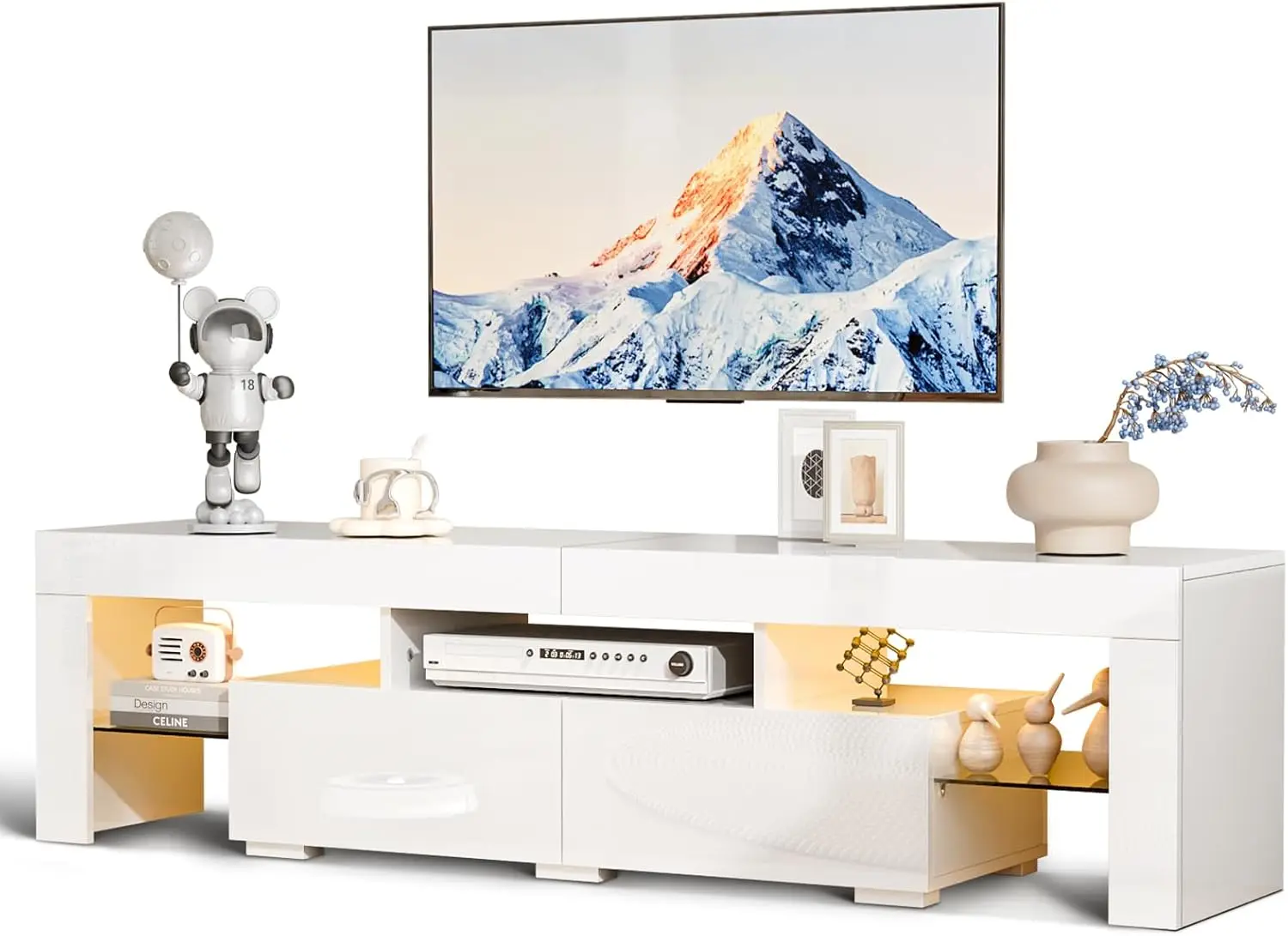 White LED TV Stand with Storage and Lights for 55 60 65 70 Inch TVs High Gloss 63 Inch