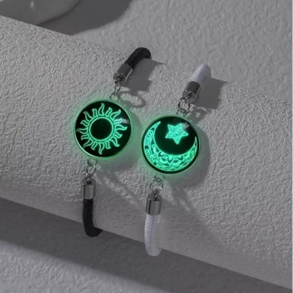 1 pair Retro Sun Moon Pattern Couple Bracelet Luminous Punk Braided Bracelet Adjustable Rope Bracelet Couple Wear