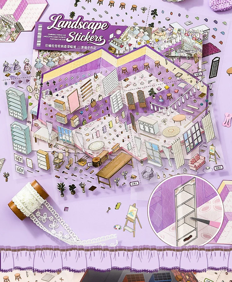 JIANQI Kawaii Store Operator 3D Audiovisueller Shop Landschaftsaufkleber DIY Taschenkabinen-Szene Festivalgeschenk – Detail 6