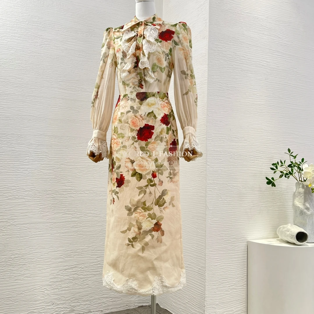 

2025 New High Quality Floral Print Lace Patchwork Vintage Full Sleeve Blouse and Ramie Midi Skirt Women Set
