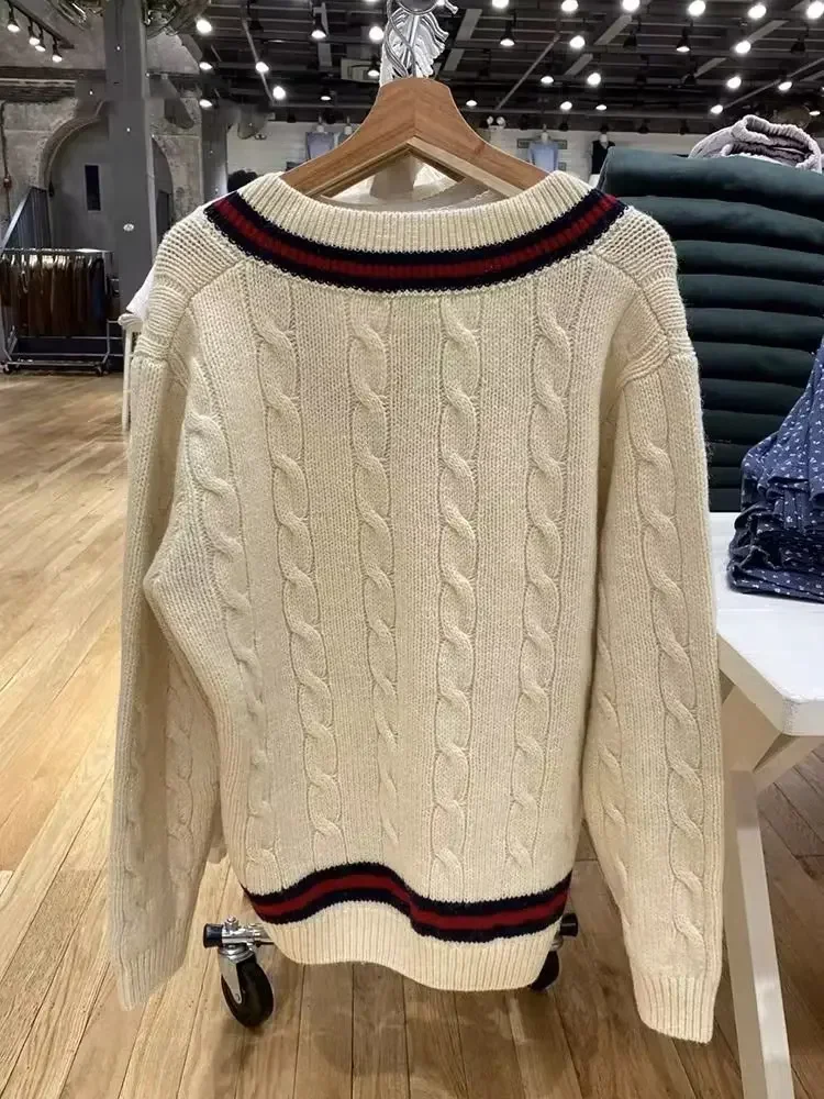 Casual Women Loose Striped V-Neck Sweaters 2023 Autumn Fashion Long Sleeve Knit Pullover Chic Female Oversize Knitwears