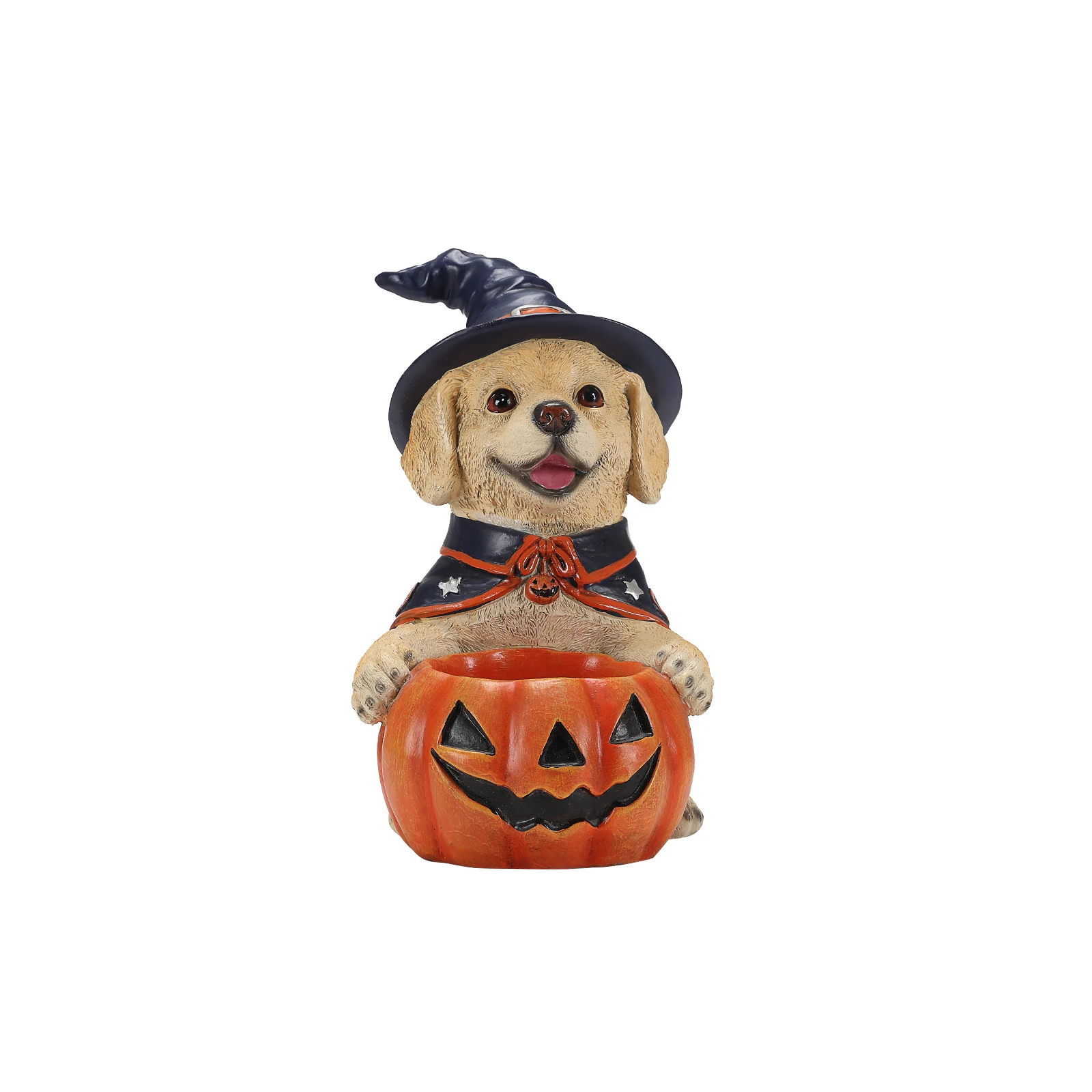 Figura de cachorro de labrador con disfraz de bruja para Halloween, adorable perro sosteniendo un cuenco de caramelos con forma de calabaza, un cachorro de labrador encantador vestido como bruja, un clásico cuenco de caramelos con forma de calabaza, fabricado con resina resistente, acabado pintado a mano, 32 cm de altura.
