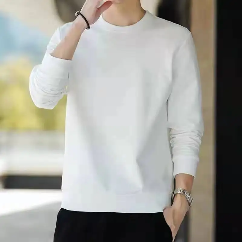 Men\'s Casual Loose Long Sleeve Shirt Spring Autumn O-Neck Solid Color Long Sleeve T-shirts New Male Clothes Black White