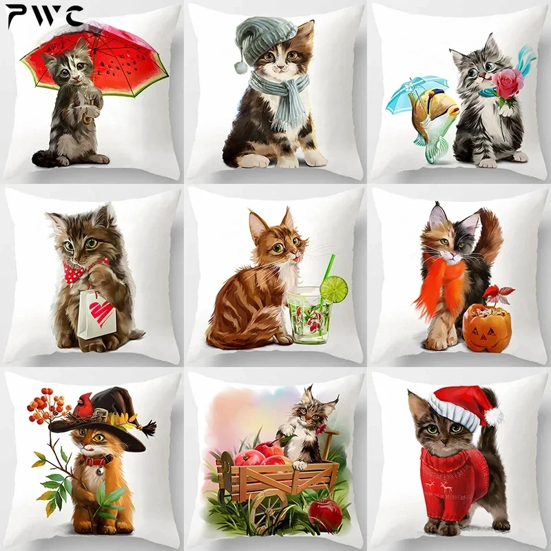 45x45cm Cute Cat Pillowcase Decor Lovely Pet Animal Print Cojines Cushion Cover Polyester Pillow Case for Home Sofa Living Room