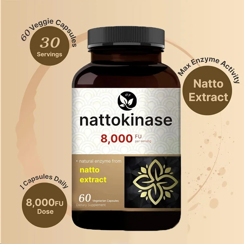 Nattokinase Supplement 8000 Fu Per Serving, 60 Vegetarian Capsules Maximum Strength Enzyme And Heart Support