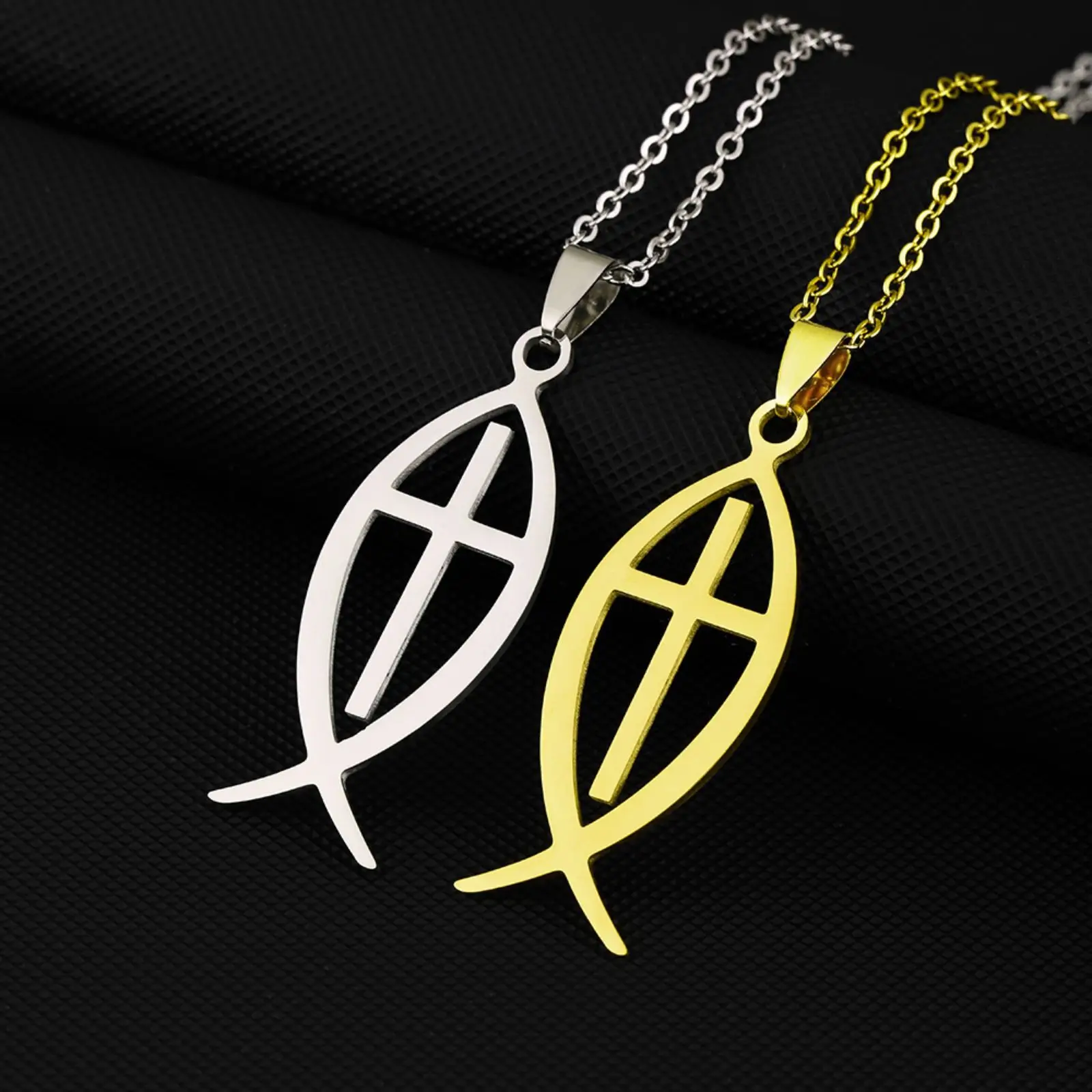 Ichthys Fisch-Kreuz-Halskette, Jesus-Fisch-Symbol-Anhänger, Edelstahlschmuck, Geschenk für Männer und Frauen – Detail 7