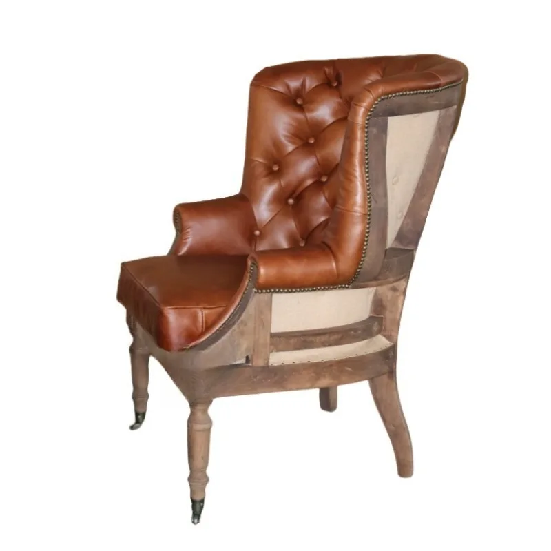 American country single tiger chair retro old leather high back buckle wooden frame exposed living room sofa chair cowhide