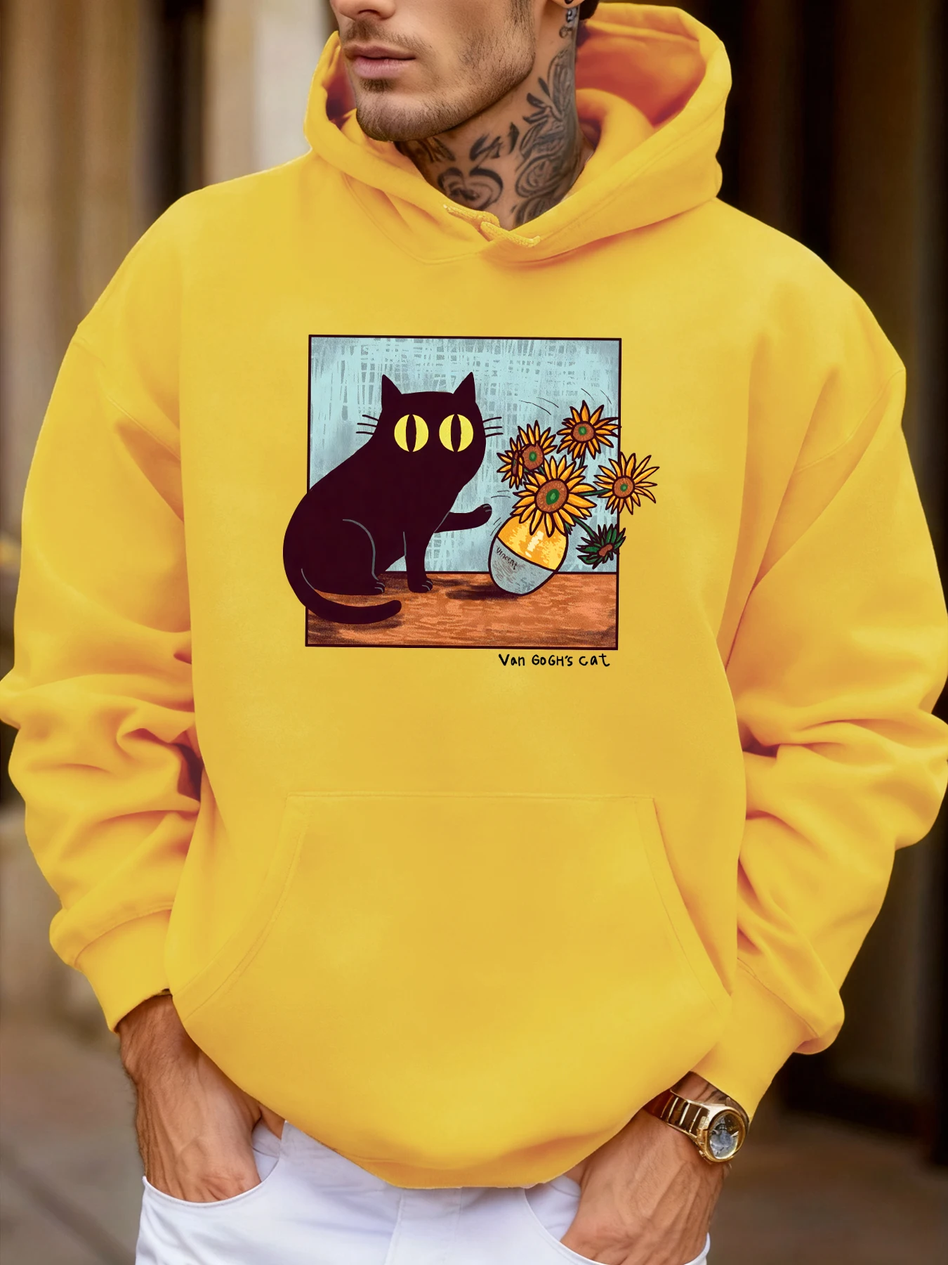 

Картина маслом подсолнуха с принтом кота, мужские толстовки, свободная флисовая толстовка с капюшоном, универсальные пуловеры с карманами, осенняя разноцветная мужская толстовка