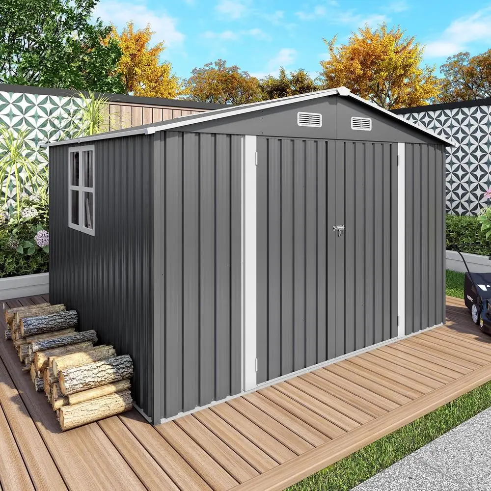 

10x8ft Durable Metal Outdoor Storage Shed with Window & Lockable Doors, Ideal for Tools, Garden, Backyard, Patio - Gray