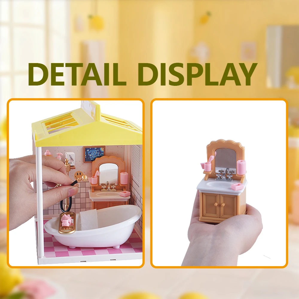 Lemon Bathe DIY Mini Bathroom Set Miniature House Kit With Led Lights Realistic Bathtub Sink Dollhouse Accessories Model Gift