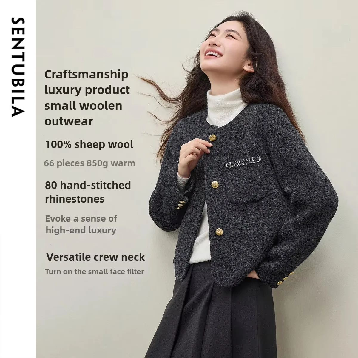 SENTUBILA Giacca di lana 2025 Cappotti corti con tasca invernale spessa da donna Girocollo Maniche lunghe Capispalla per donna da ufficio W54OG4882