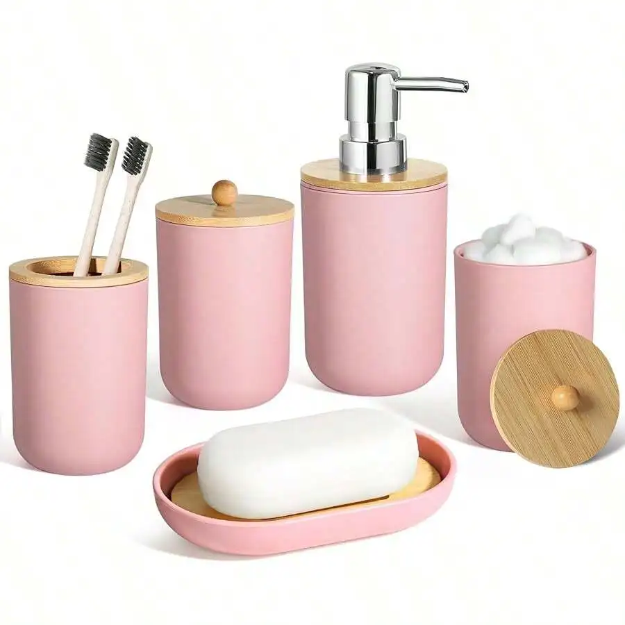 Local Shipping Black Bathroom Accessories Set 5 Pcs, Matte Black Bathroom Accessories, Plastic Soap Dispenser And Toothbrush Hol