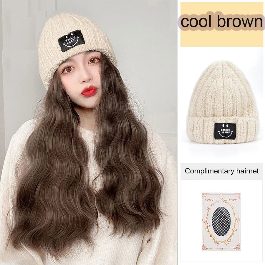 Long Straight Hat Wig Natural Brown Wigs Connect Synthetic Synthetic Knitted hat Hair Wig Hat Wig Adjustable For Women