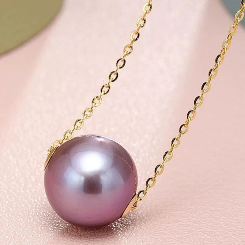 18K gold necklace large pendant au750 free gold-plated chain natural freshwater pearl white purple jewelry fashion party X2001