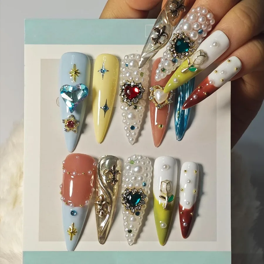 Handmade Press On Nails Stiletto French Tip Long Rhinestone Pearl 3D Design Fake Nails for Women Reusable Stick On Nail Kit wit