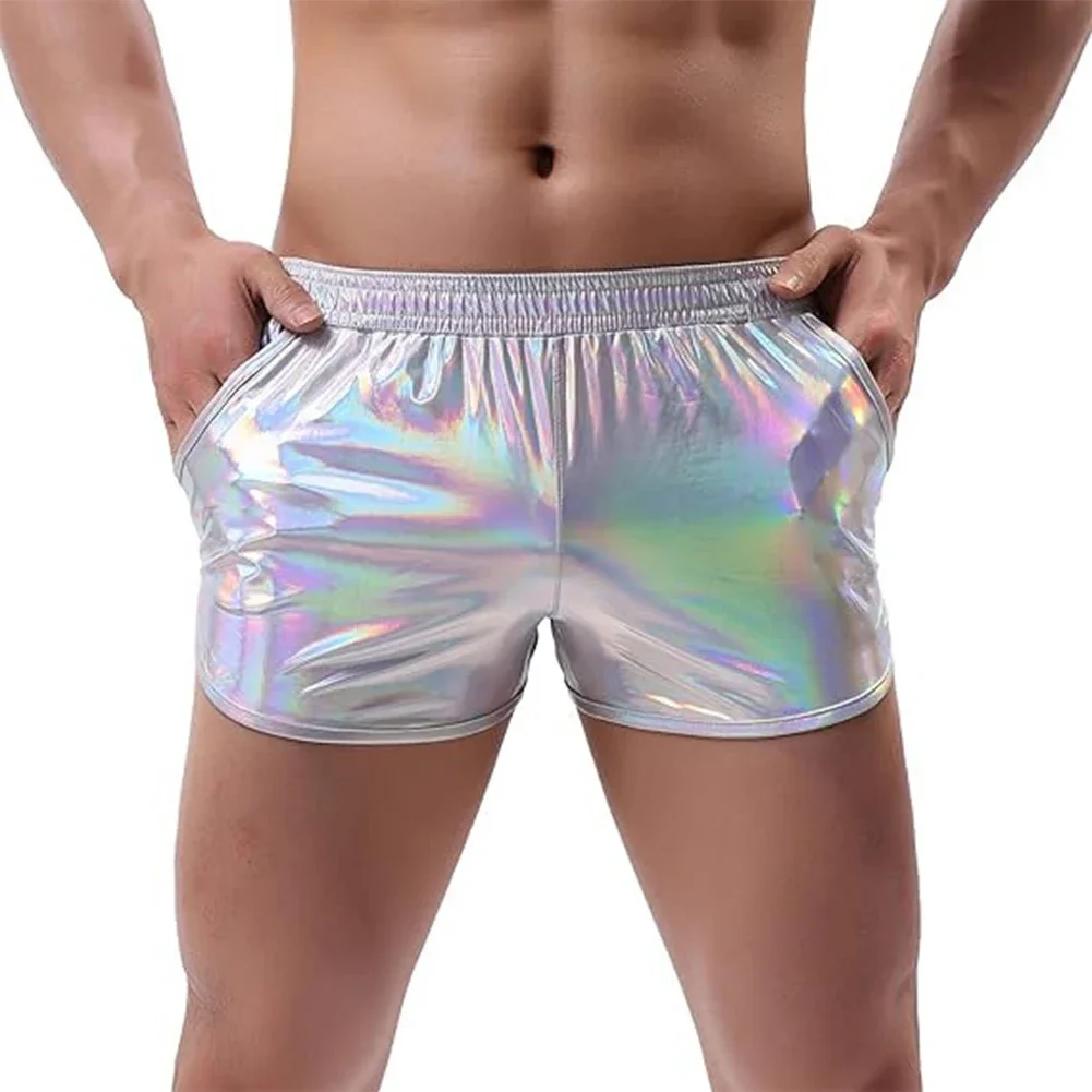 

Short Men Short Bodybuilding Boxers Faux Leather Leg Split Regular Short Pants Solid Color Training New Stylish