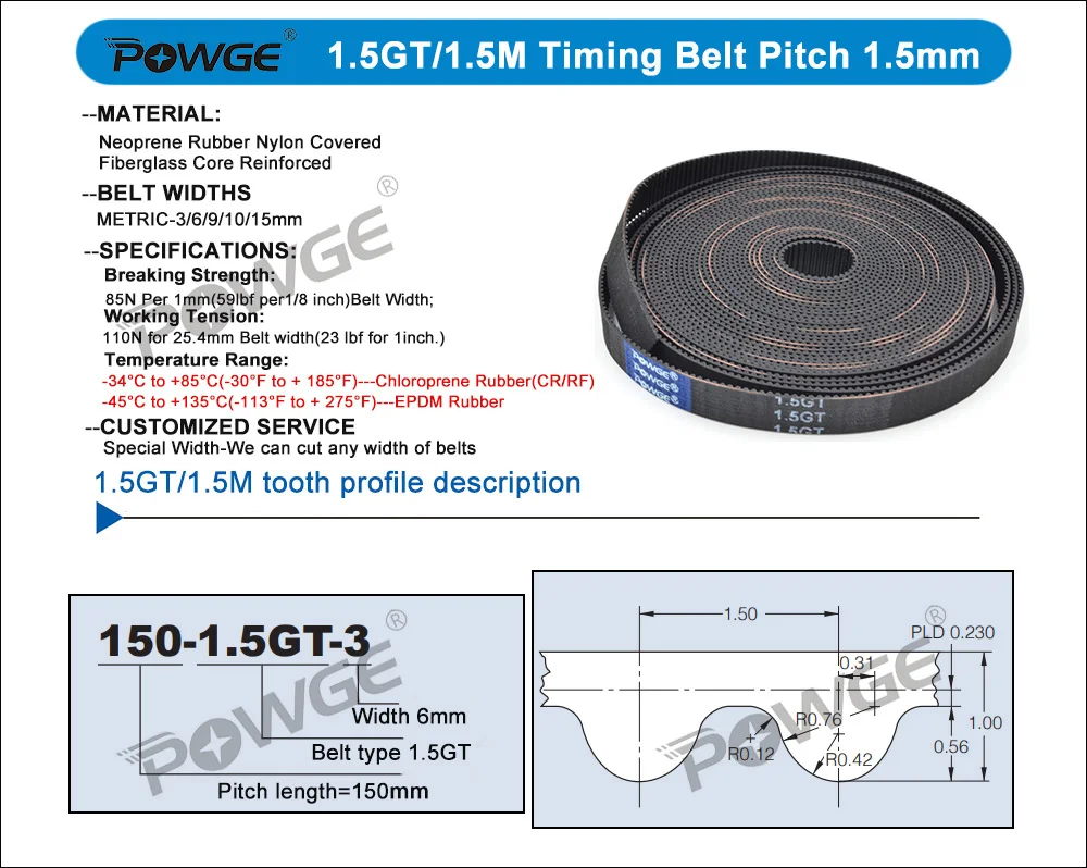 POWGE GT 1.5GT 1,5M offener Zahnriemen, Breite 6/9/10/12mm, RF EPDM-Gummi, geringe Spielung, Positioniergenauigkeit, 3D-Drucker – Detail 4