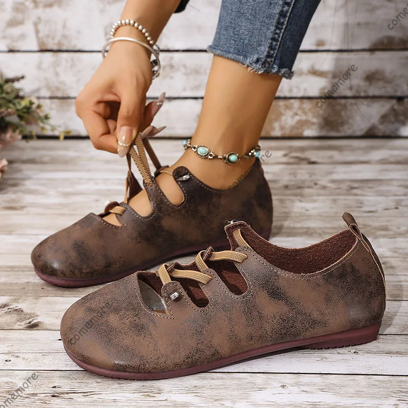 

Comemore Spring and Autumn Women's Shoes Cross Strap Flats Elastic Band Round Toe Slip on Solid Female Soft Bottom Mocasines