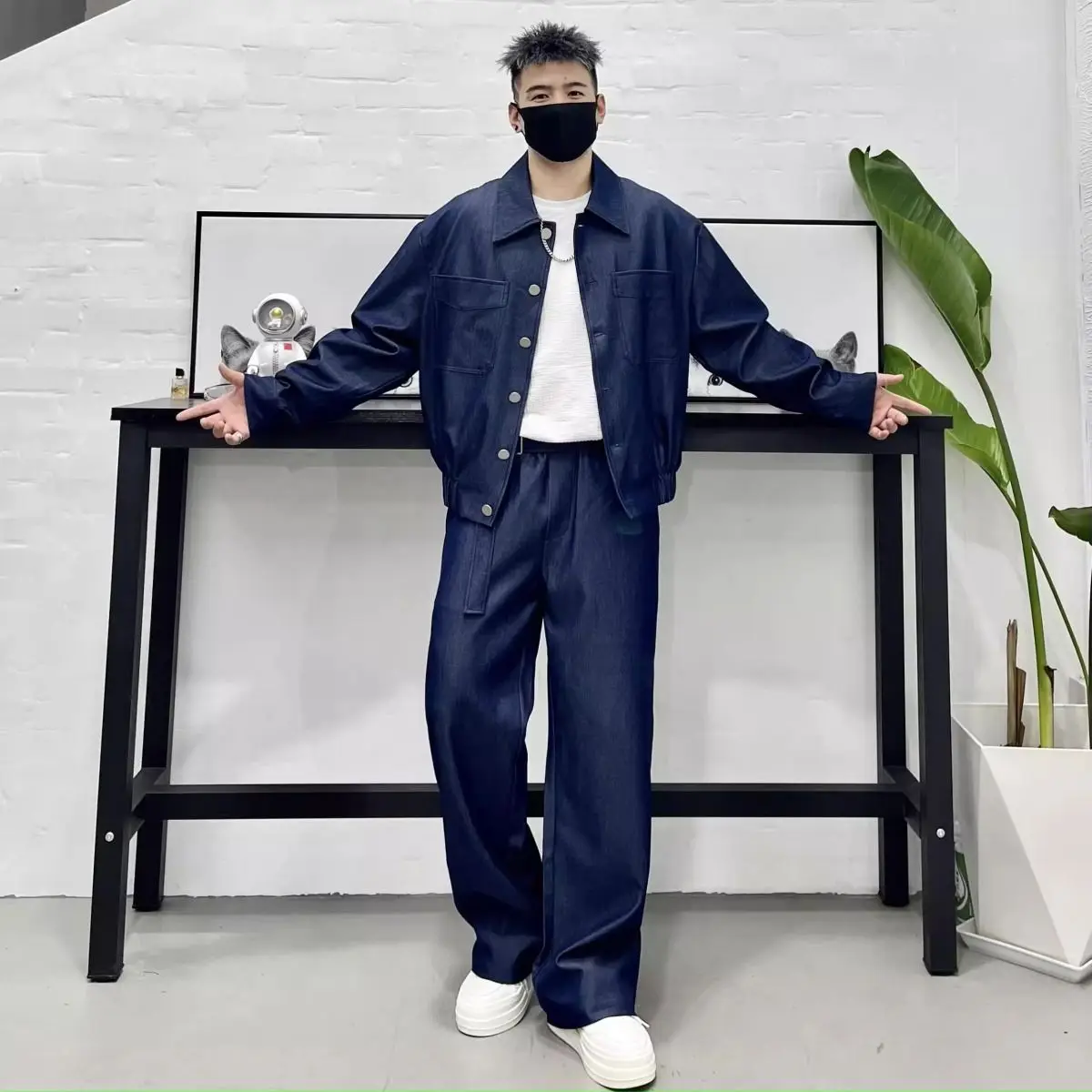 

Модная однотонная рабочая одежда, рубашка и брюки, модный мужской свободный повседневный уличный комплект из куртки и брюк, мужская одежда