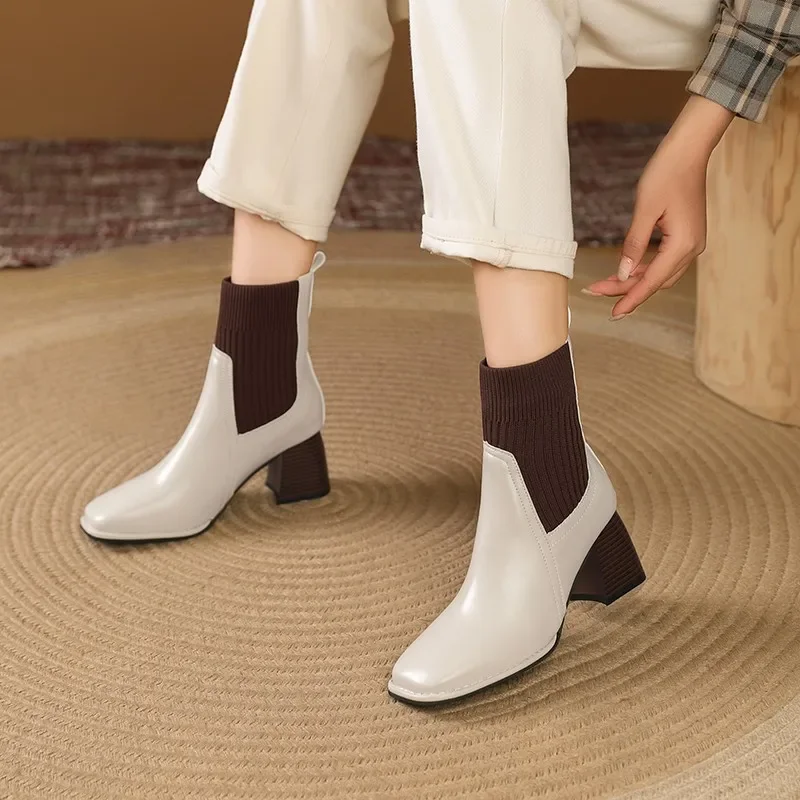 Classic Shoes Woman Leisure Ankle Boots Women Shoes Winter Square Toe Hoof High Heels Solid Brown Leather Retro Modern Boots image 3