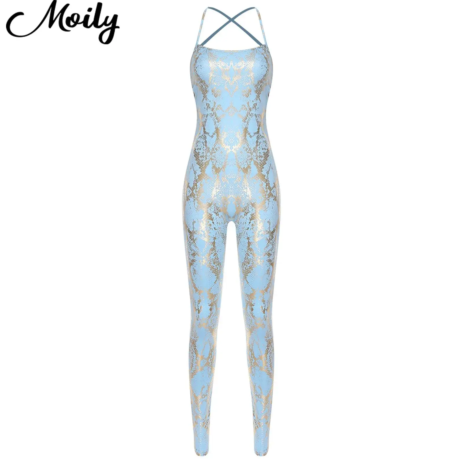 

Sexy Womens Fashion Metallic Yoga Jumpsuit Sports Workout Costume Sleeveless Crisscross Strappy Backless Bodysuit Beach Wear
