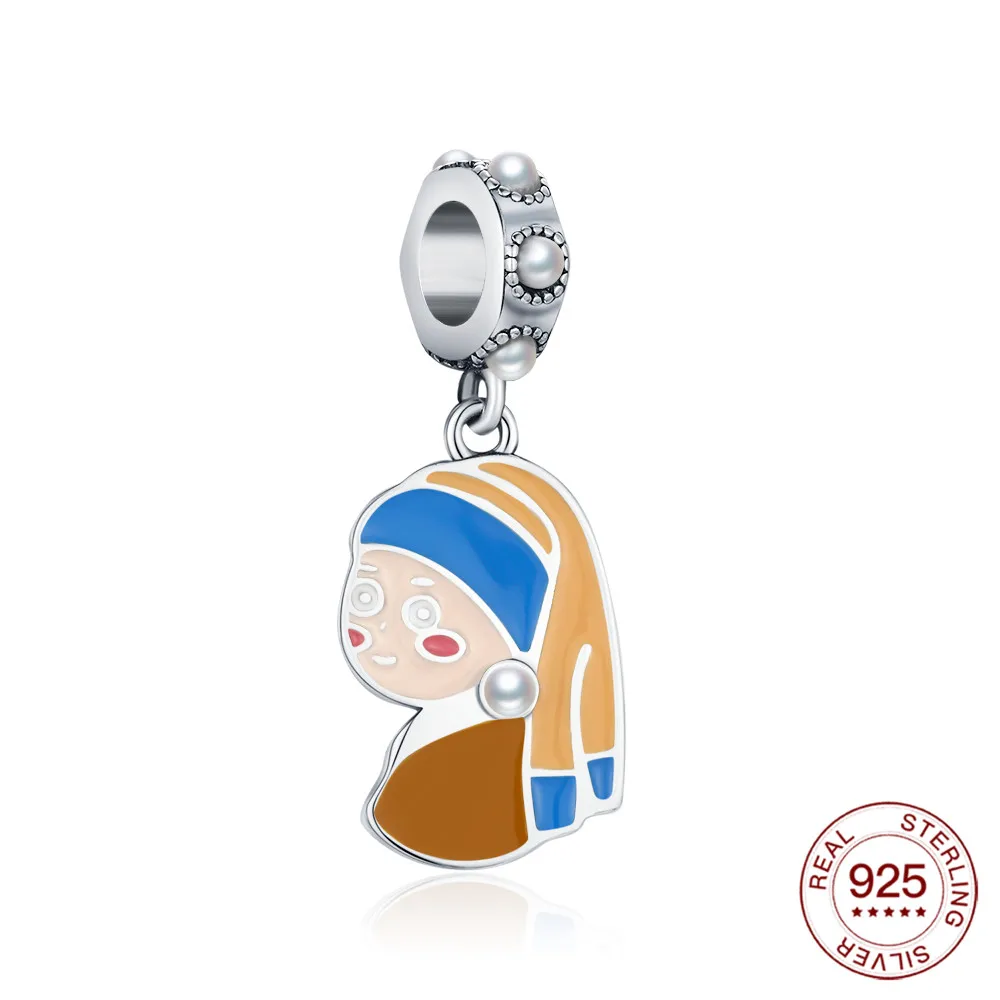 New 925 Sterling Silver Charms Pearl Girl Oil Painting Pendant Fits Original Bracelet DIY Jewelry Outfit Holiday Gift For Women