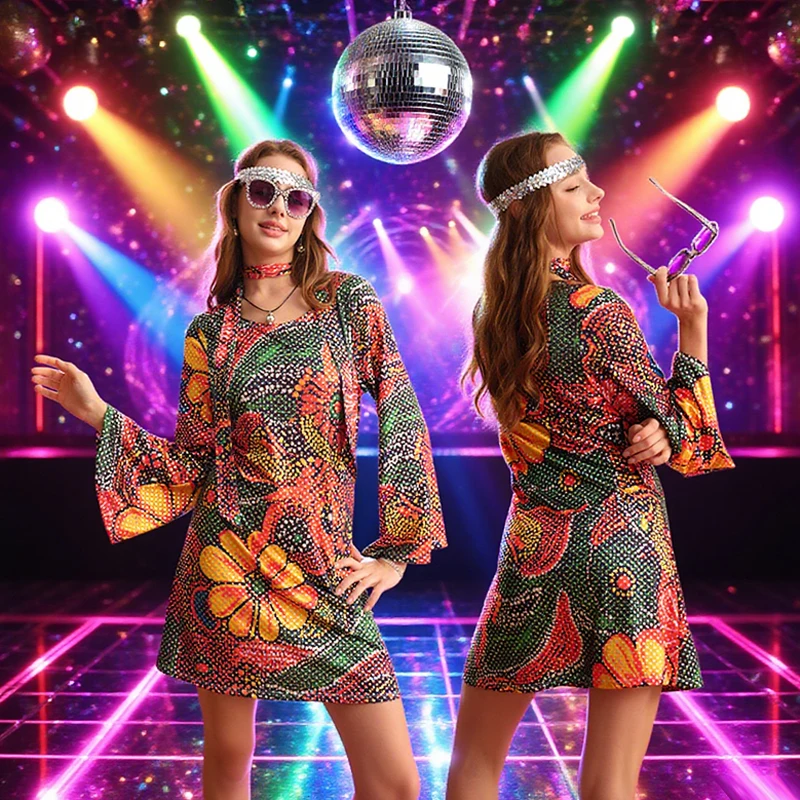 Vestido de discoteca de los años 60 y 70, disfraz de ropa Hippie, accesorios, joyería, vestido de Halloween, ropa de estilo Retro