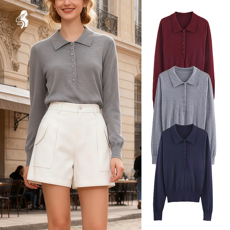 

Женский однотонный вязаный свитер с воротником поло и длинными рукавами, мягкий и дышащий универсальный трикотаж, подходящий для повседневной повседневной носки