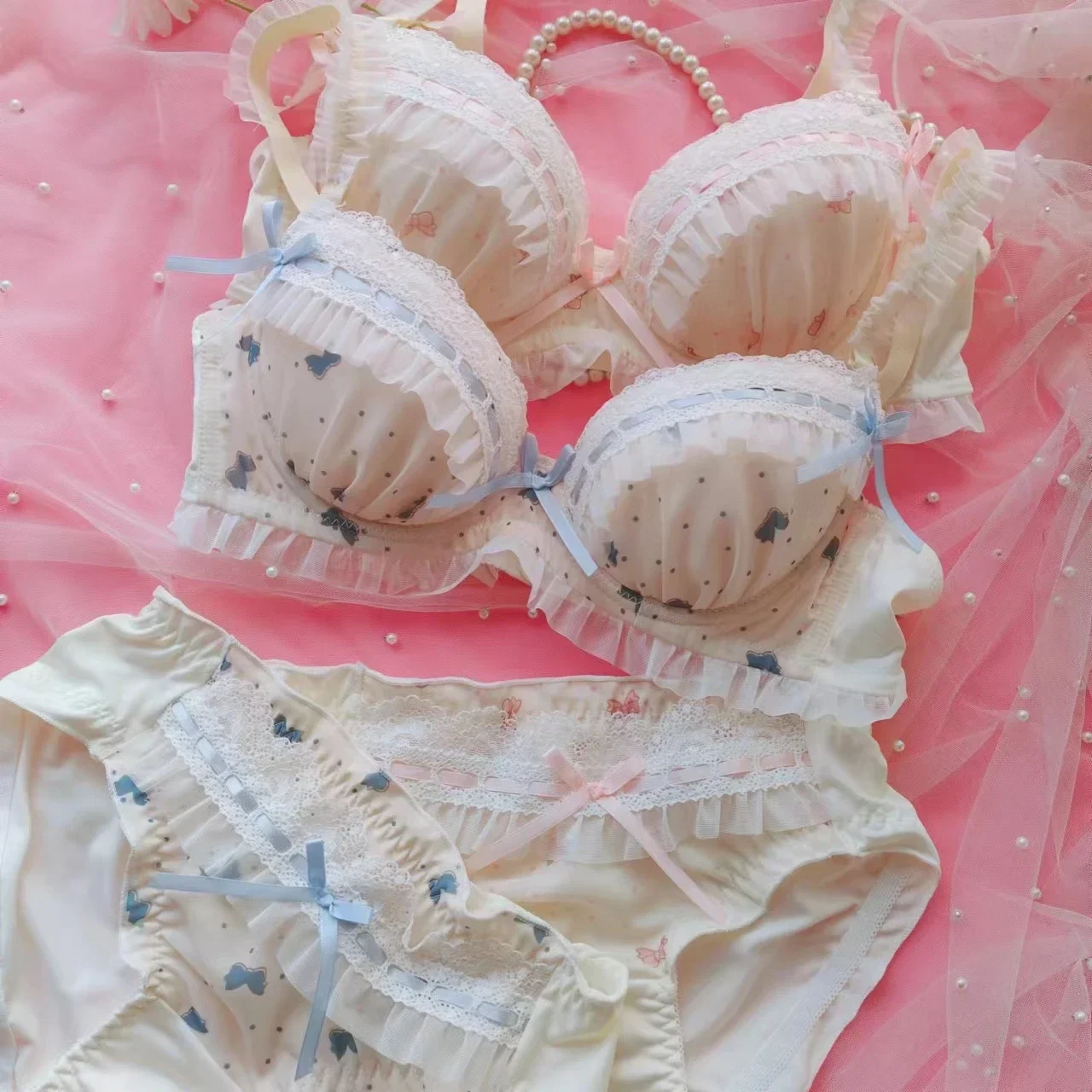 Printed chiffon thin college style underwear girls sweet cute lingerie three buckle push up embroidery female bra set