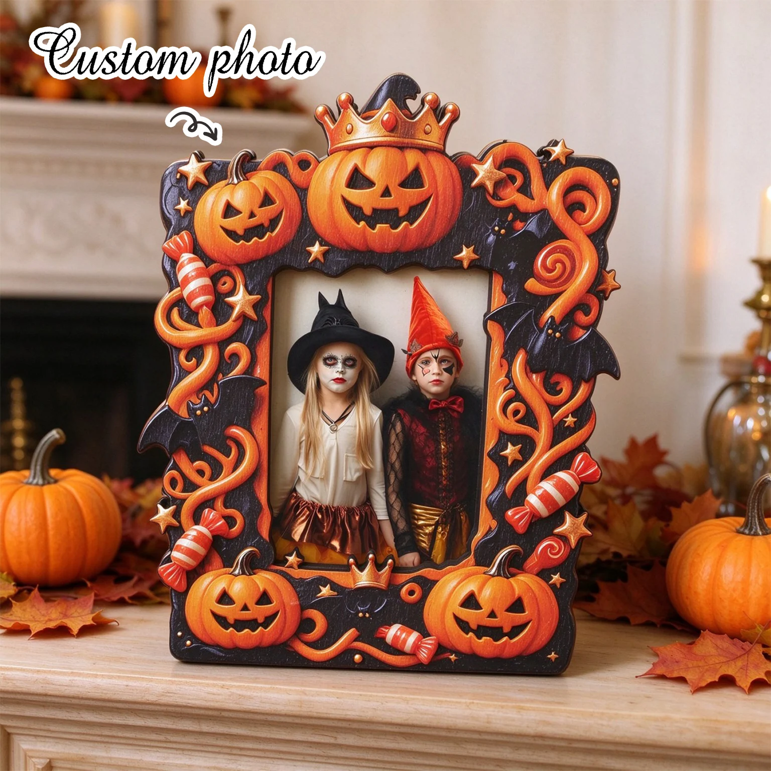 Personalized Halloween Photo Frame, Ghost Memorial Ornament, Custom Photo Personalized Halloween Photo Frame: Family Keepsake, Uv Spray-Painted Color Printing, Personalized Halloween Witch Pendant, Customizable Photo H