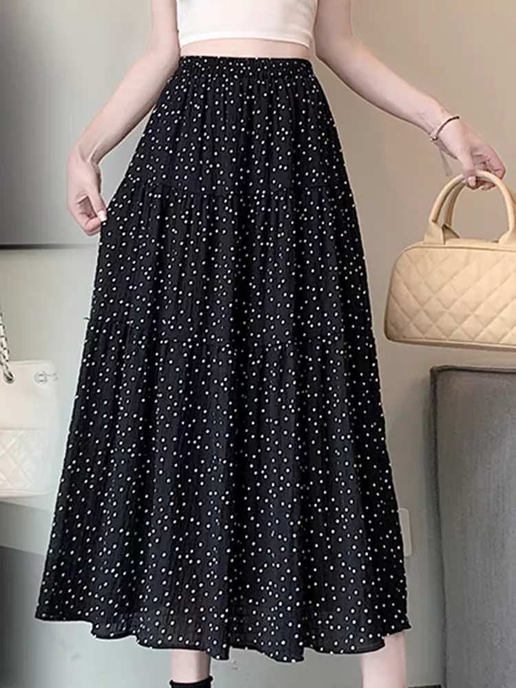 Polka Dot Chiffon Skirt High Waist A-Line Flared Hem Ruffle Pleated Detail, Spring Summer Vintage Style Skirts for Petite Women