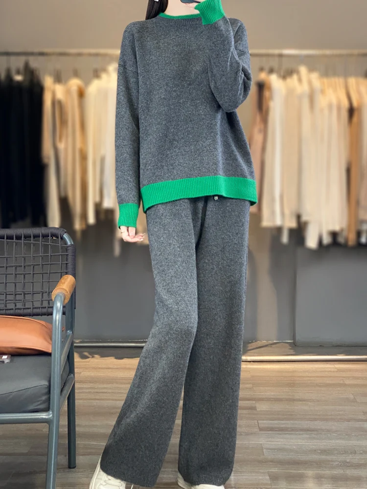 Two-piece Set Women 100% Merino Wool Pullover Splicing Color Knit O-neck Sweater Autumn Winter Clothing Wide Leg Pants Warm Soft
