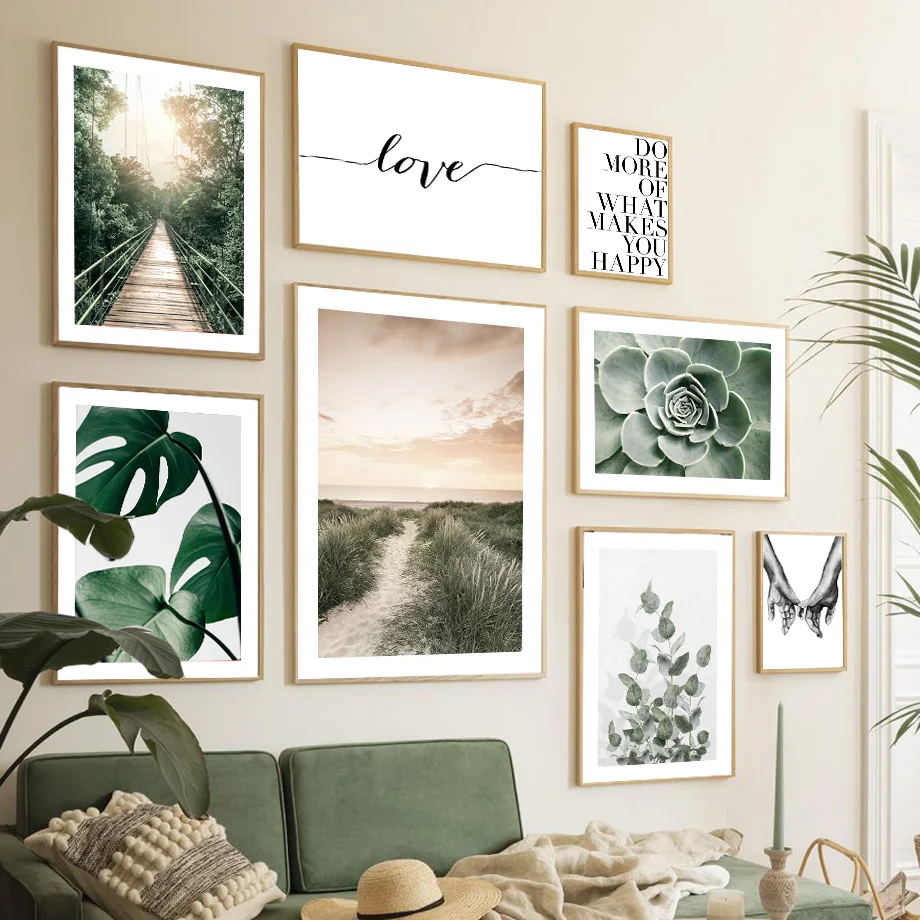 1PC frameless decorative art print,Sunrise Beach Hanging Bridge Eucalyptus Flower Wall Art Mural Print Canvas Painting Lovers Po