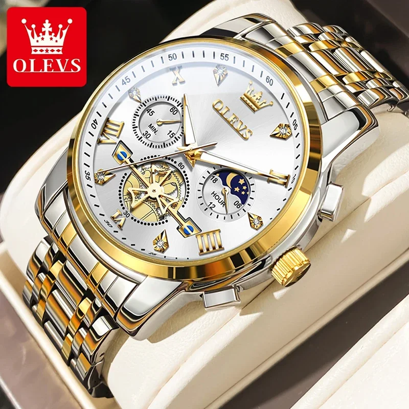 OLEVS 2856 Flywheel Steel Belt Multifunctional Quartz Men Watch Three Eyes Dial Waterproof Watch Men 2024 New Fashion