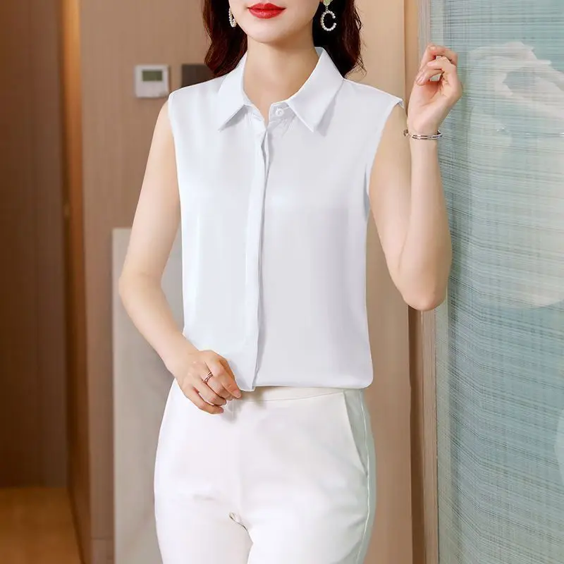 

Commuter Style Loose Fit Women's Summer Shirt White Sleeveless Button up Base Layer Top Versatile Casual Breathable Clothing
