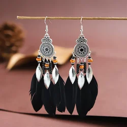 Bohemian Ethnic Feather Drop Earrings For Women Elegant Wood Beads Leaf Long Tassels Dangle Earring Girls Fashion Party Jewelry