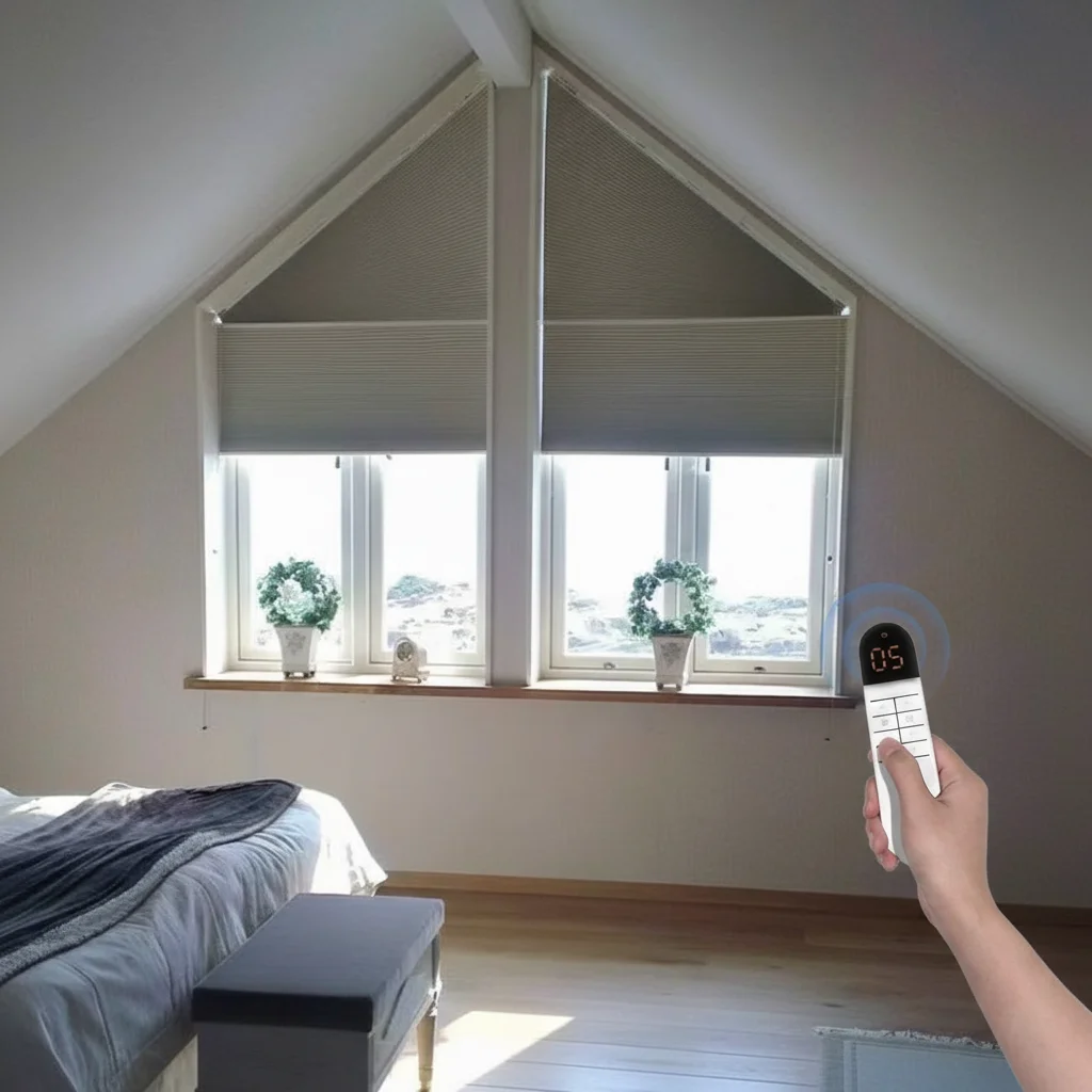 Alexa Automized Triangle Shaped Cellular Shades Zigbee Cellular Blinds for Window  Motorized Irregular for Garret