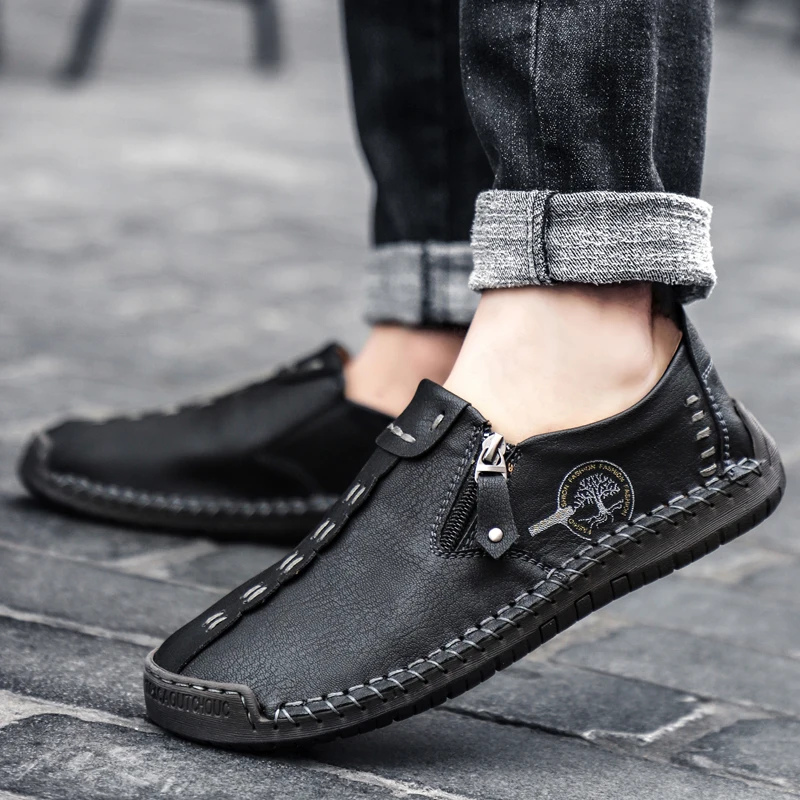 Men's Casual Shoes Walking Sports Manual Stitching Solid Color Comfortable Microfiber Leather Fashion Lightweight Running Shoes