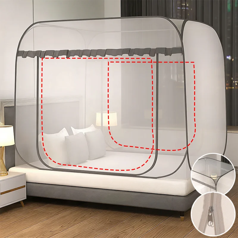 

1PC Foldable Square Top Mosquito Net Installation-free Encrypted Mesh U-Shape Zipper for Home Bedroom Dormitory Camping Use