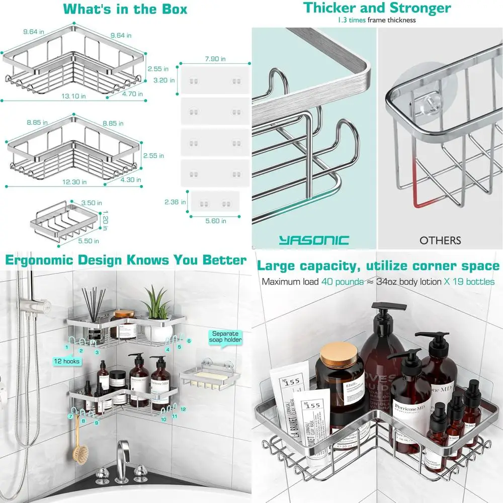 

Набор душевых кабин из 3 предметов с 12 крючками, устойчивая к ржавчине нержавеющая сталь, настенный органайзер, отделка матовым серебром