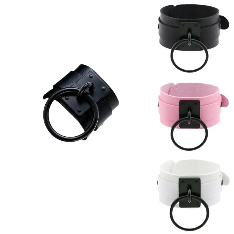 Unisex Adjustable Wide PU Leather Punk Bracelet Large O Ring for Goth Concerts Cosplay Teen Wear