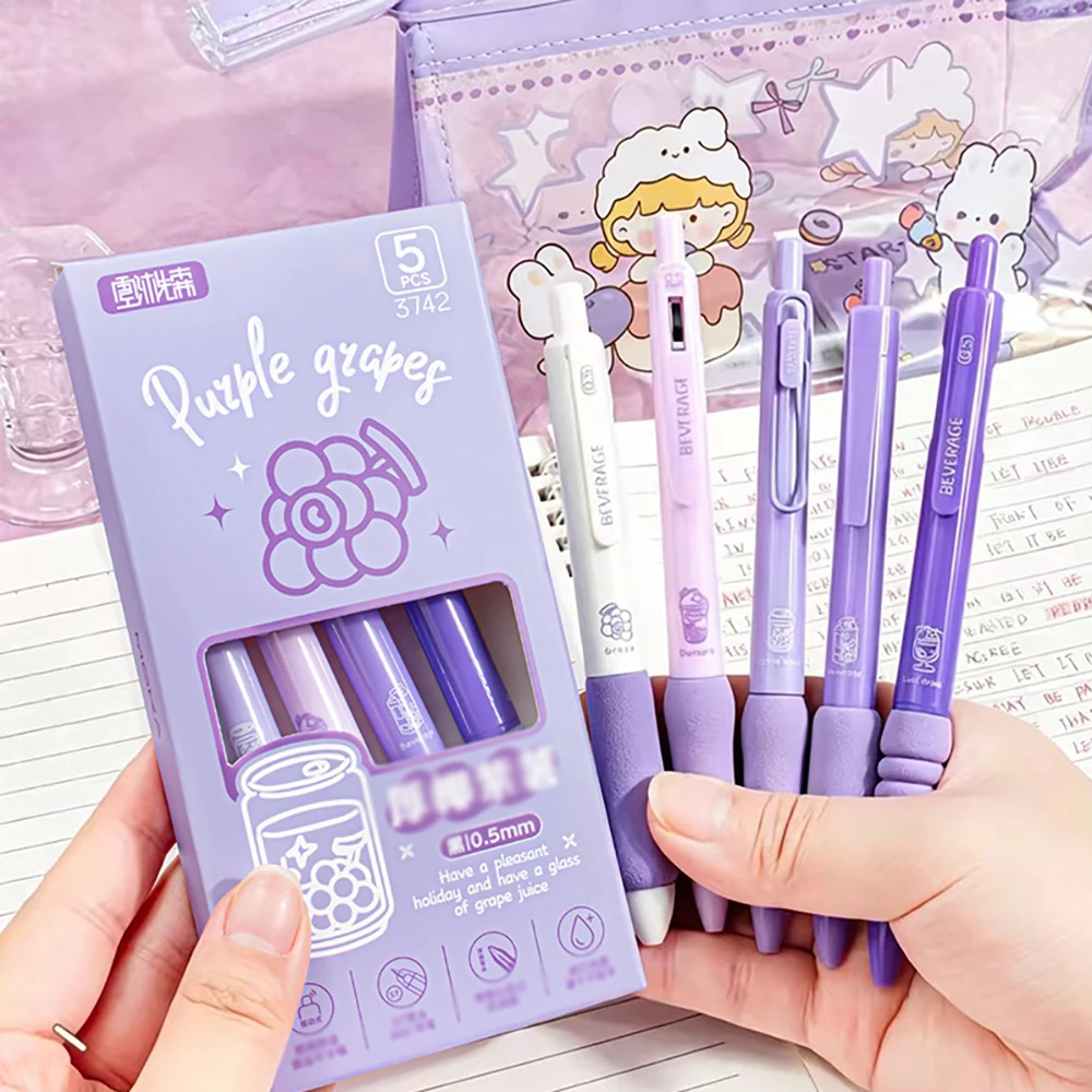 5 pieces of macaron color press neutral pen, soft grip, minimalist ST quick drying pen, black signature pen for learning/office