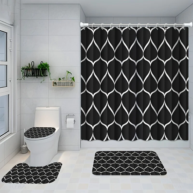 1/4pcs Black & White Geometric Pattern Set, Shower Curtain With 12 Hooks, Non-Slip Bath , U-Shaped Toilet Mat,