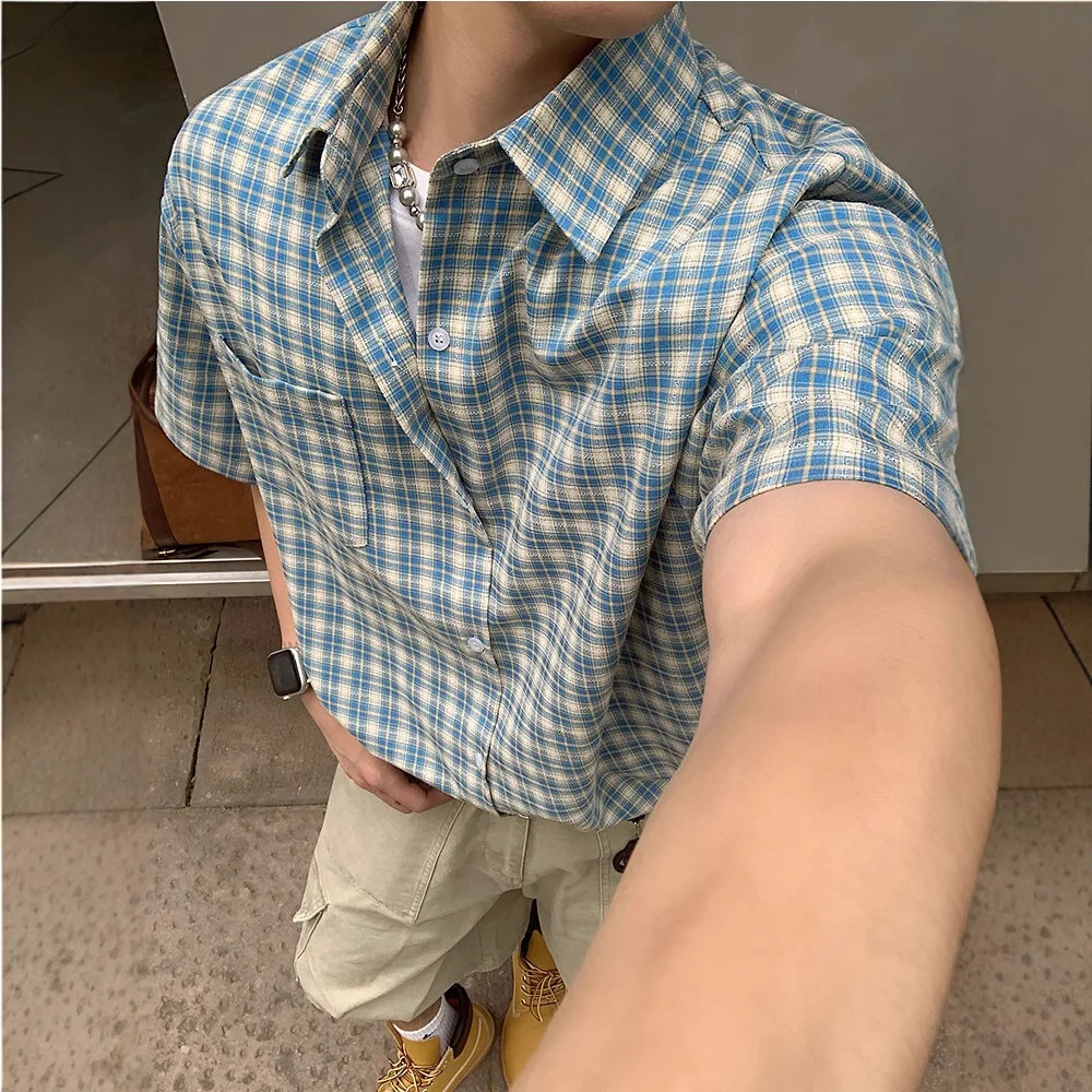 

American Retro Short-sleeved Plaid Shirt for Men in Summer Clean and Sunny Boys Wear Loose Half-sleeved Shirt Top