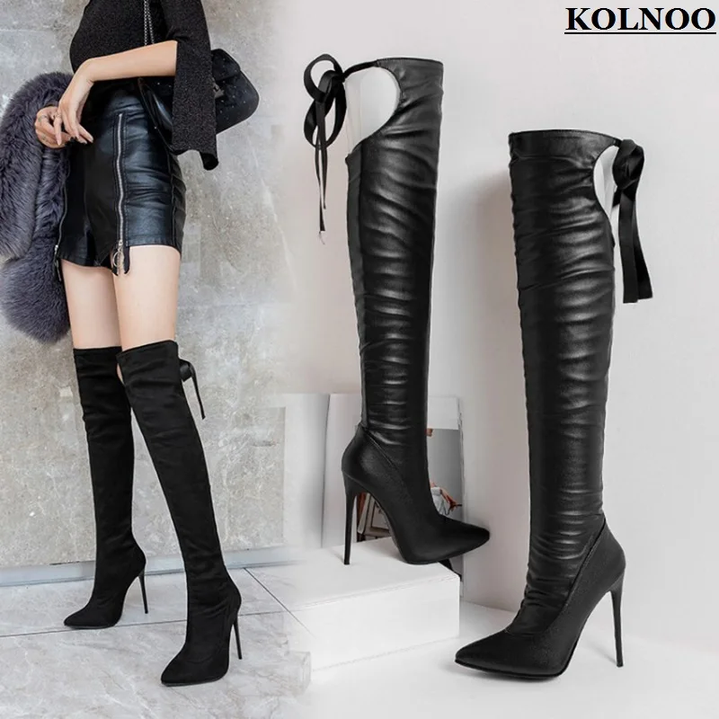 

Kolnoo Handmade New Style Womens Stiletto Heels Over Knee Boots Pointed-toe Large Size Black Booties Evening Fashion Prom Shoes