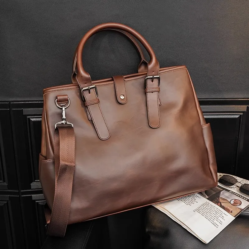 Vintage Briefcase For Men Large Capacity Crazy Horse PU Leather Laptop Casual Shoulder Handbag Tote Messenger Business Bag Male